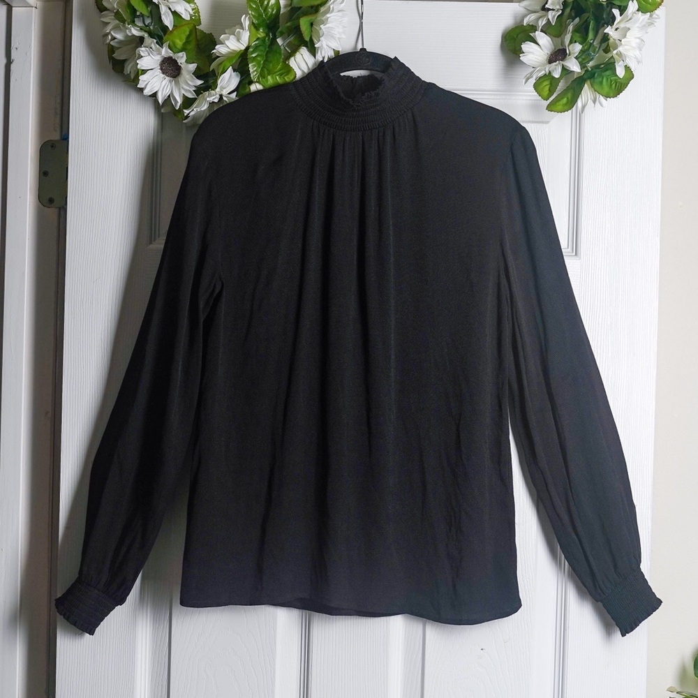 Bobi Black Los Angeles Black Long Sleeve Blouse Smocked Neck Button Back size S